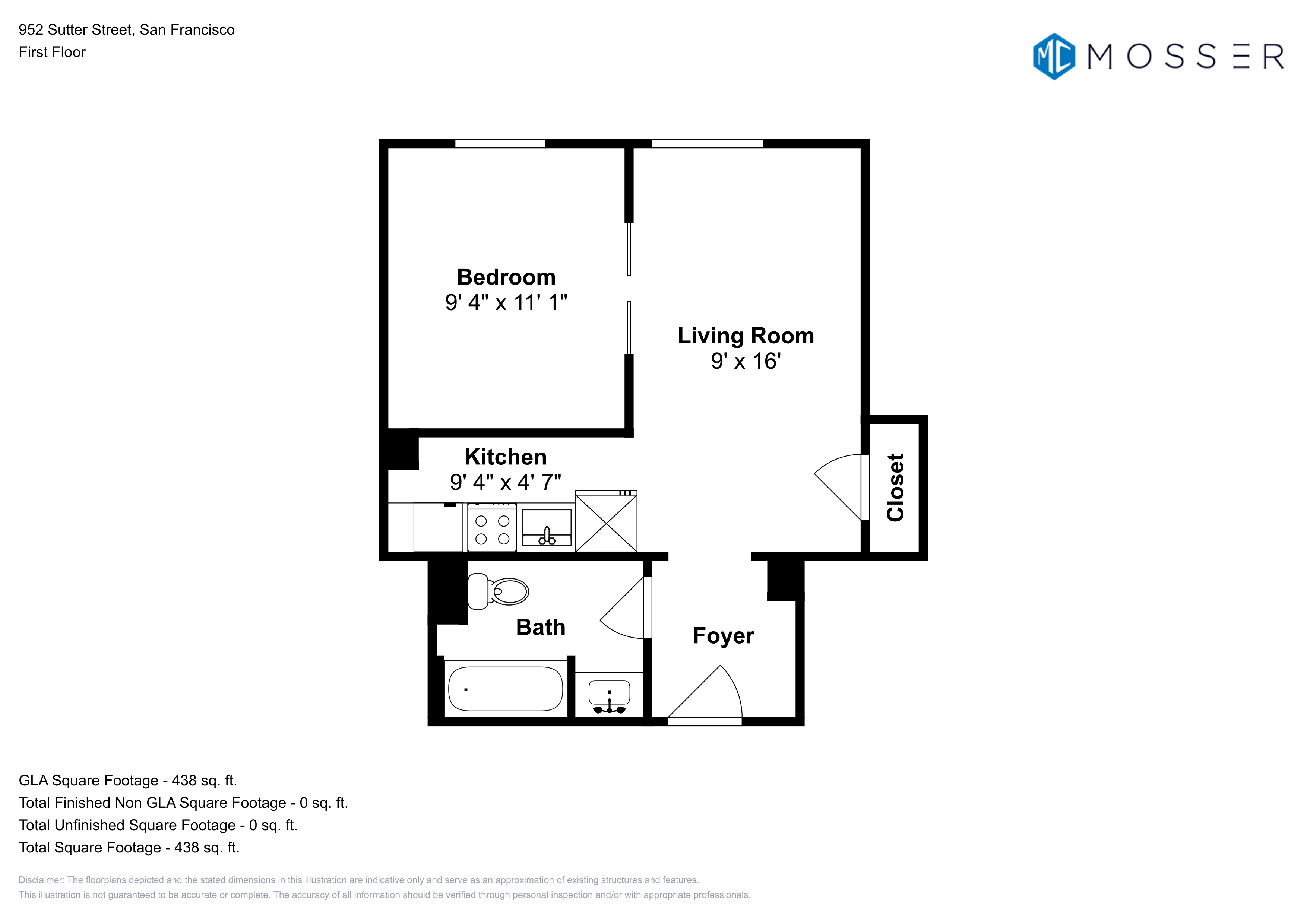 Floor plan for 1 bed, 1 bath, 528 sqft
